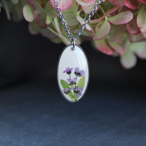 Srebrna zawieszka srebrny wisiorek naszyjnik żywica z żywicy kwiaty z kwiatami jajowata retro naturalna delikatna dziewczęca kobieca