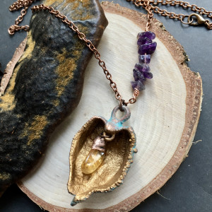 miedziany naszyjnik miechunka z cytrynem i ametystem