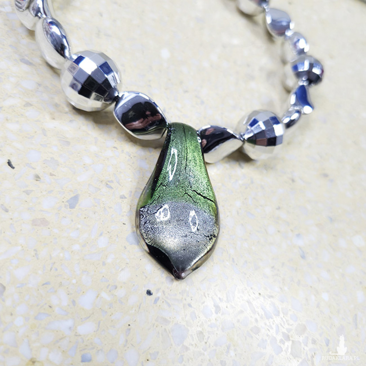 6170 srebrny, zielony naszyjnik; szkło weneckie