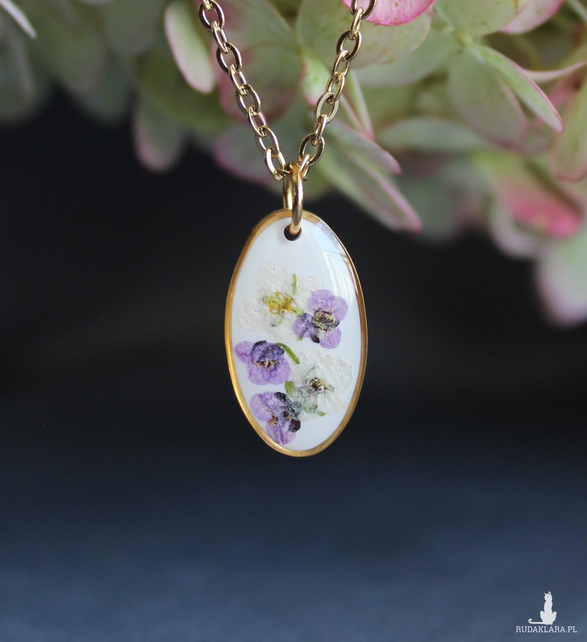 Złota jajowata zawieszka złoty wisiorek kwiat naszyjnik żywica z żywicy suszone kwiaty z kwiatami naturalne fioletowa kobieca dziewczęca