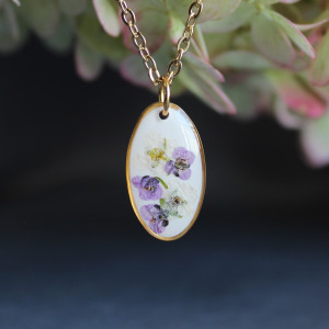 Złota jajowata zawieszka złoty wisiorek kwiat naszyjnik żywica z żywicy suszone kwiaty z kwiatami naturalne fioletowa kobieca dziewczęca