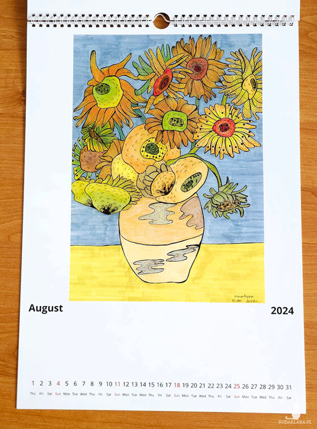 Kolorowy, niepowtarzalny, autorski kalendarz na 2024 rok; autorskie kolorowe grafiki; dużo miejsca na notatki; format A3