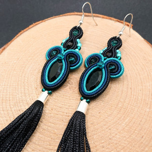 CZARNO TURKUSOWE KOLCZYKI SUTASZ Z CHWOSTAMI