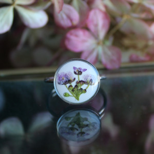 Srebrny pierścionek regulowany kwiaty z kwiatami kwiatem suszone kwiaty żywica smagliczka fioletowa 002