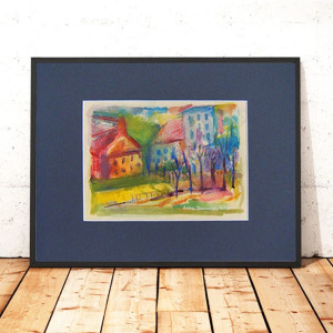 mały obraz ręcznie malownany, mała akwarela z pejzażem, pejzaż obrazek do domu, miasteczko obraz na ścianę