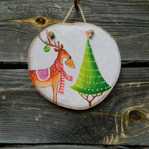 Świąteczna rustykalna dekoracja wisząca z plastra drewna z reniferem i choinką, Retro prezent na Boże Narodzenie dla dziecka, grafika świąteczna, vintage na choinkę