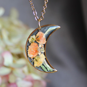 Gwiaździsta Noc złota zawieszka złoty wisiorek naszyjnik żywica z żywicy kwiaty z kwiatami księżyc kwiaty żywica biżuteria czarna brokatowa