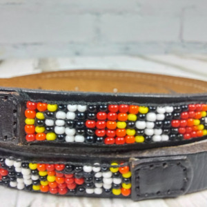 ETNICZNY, SKÓRZANY PASEK TKANY KORALIKAMI