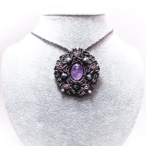 Mandala Gwiazda Pentagram Ametyst Larvikit naszyjnik pleciony mikro makrama