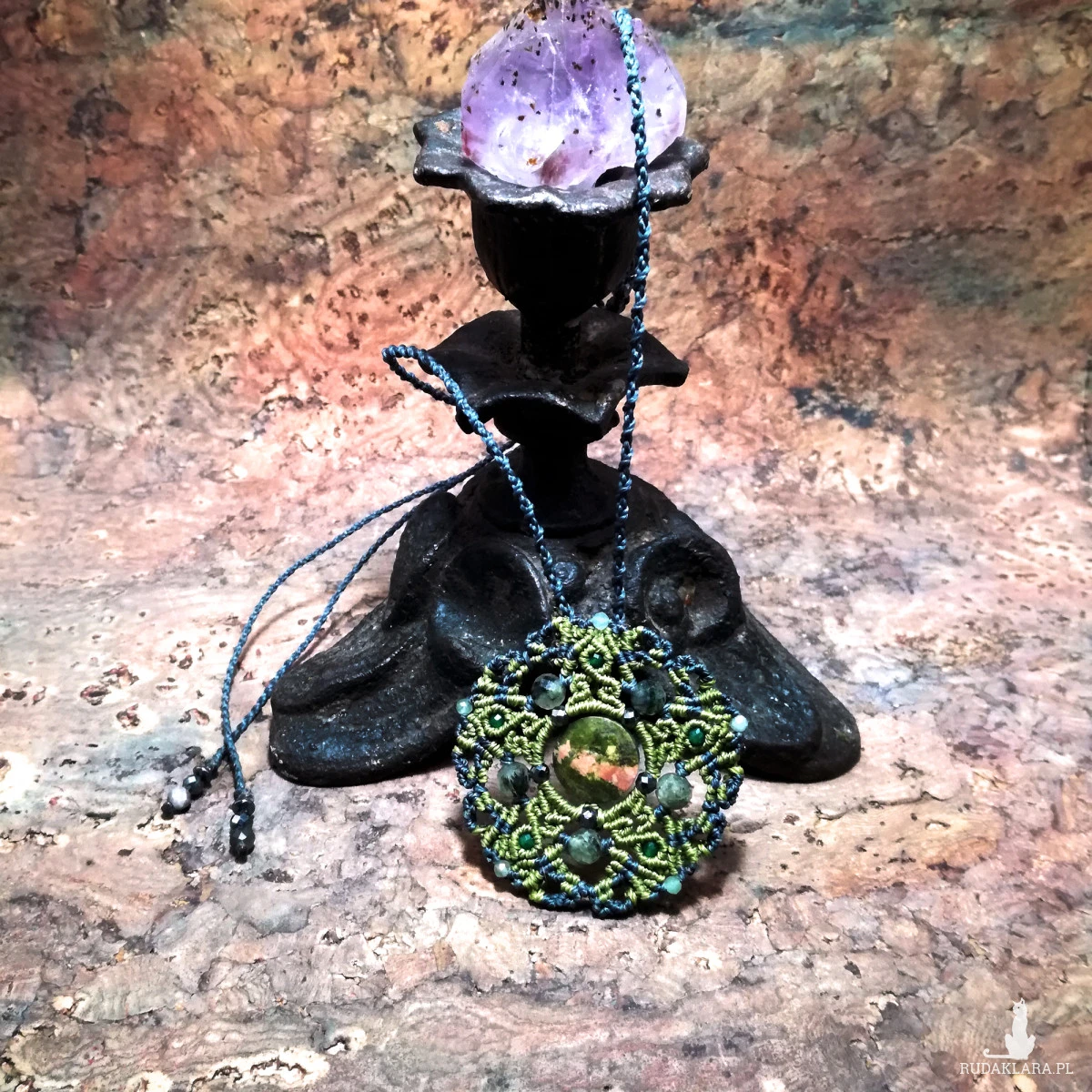 Gwiazda Mandala Pentagram Unakit Szmaragd naszyjnik pleciony mikro makrama Delfina Dolls