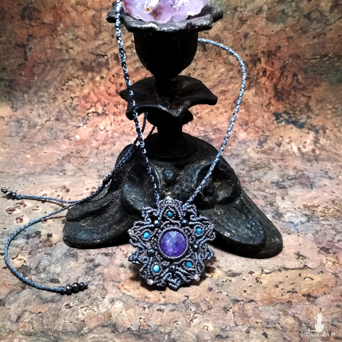 Gwiazda Pentagram rozeta Ametyst Apatyt Topaz kamienie naturalne naszyjnik makramowy pleciony mikro makrama Delfina Dolls