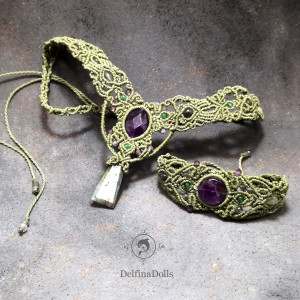 BUNGALA gwiazda Ametyst Szaragd choker - kolia i bransoletka mikro makrama Delfina Dolls