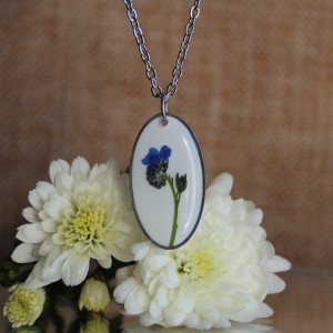 Srebrna zawieszka srebrny wisiorek naszyjnik żywica z żywicy kwiaty z kwiatami jajowata retro naturalna dziewczęca kobieca niezapominajki