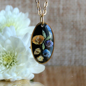 Złota jajowata zawieszka złoty wisiorek kwiat naszyjnik żywica z żywicy suszone kwiaty z kwiatami naturalne kobieca dziewczęca czarna czarny