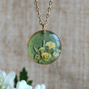 Złota zawieszka złoty wisiorek kwiat naszyjnik żywica z żywicy suszone kwiaty z kwiatami naturalne kobieca dziewczęca zielona brokatowa