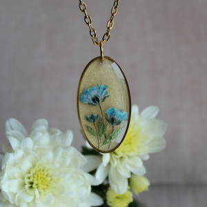 Złota jajowata zawieszka złoty wisiorek kwiat naszyjnik żywica z żywicy suszone kwiaty z kwiatami naturalne kobieca dziewczęca niezapominajki