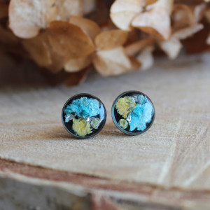 Srebrne kolczyki wkręty sztyfty żywica z żywicy kwiaty z kwiatami suszone prawdziwe kwiaty retro vintage kobiece na prezent delikatne Gwiaździsta Noc