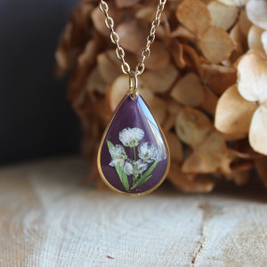 Złota łezka zawieszka złoty wisiorek kwiat naszyjnik żywica z żywicy suszone kwiaty z kwiatami naturalne kobieca fioletowa