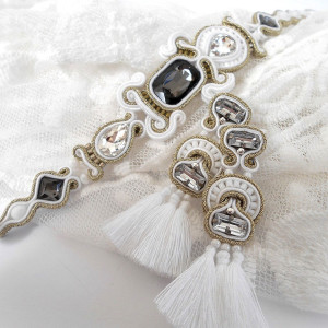 ŚLUBNY KOMPLET SUTASZ bransoletka kolczyki biel złoto srebro