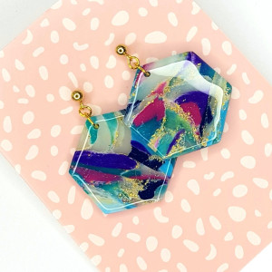 turkusy i fiolety heksagony kolczyki z gliny polimerowej