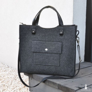 Duża torba filcowa - skórzane rączki - grafitowa - do biura