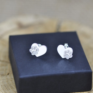 Serce i łapka - kolczyki sztyfty, srebro 925