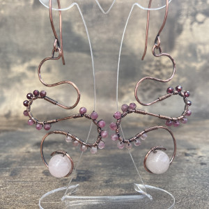 Kolczyki miedziane - TURMALIN GRANAT KWARC RÓŻOWY