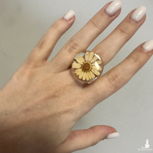 Pierścionek suszony rumianek stal szlachetna złocona regulowany