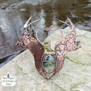 DZIKA LEŚNA TIARA, zjawiskowa miedziana tiara z prehnitem, sesja foto, ślub pogański