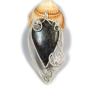 Chryzokola, Srebrny wisior z kaboszonem chryzokoli wire wrapped, prezent dla niej, prezent dla mamy, ręcznie robiona biżuteria autorska
