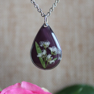 Srebrna łezka zawieszka srebrny wisiorek kwiat naszyjnik żywica z żywicy suszone kwiaty z kwiatami naturalne kobieca dziewczęca śliwka