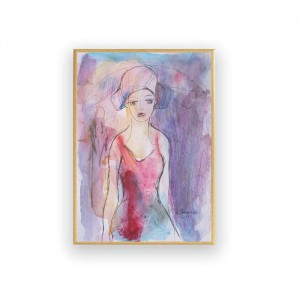 akwarela ręcznie malowana, obraz do salonu, oprawiony rysunek do sypialni, kobieta obraz na ścianę, ślub prezent, prezent na ślub, rysunek w ramce