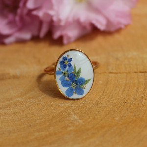 Łąka kwiatowa Złoty pierścionek z kwiatami suszone kwiaty żywica słodki kobiecy delikatny dziewczęcy jajowaty owalny niezapominajki