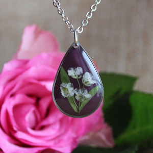 Srebrna łezka zawieszka srebrny wisiorek kwiat naszyjnik żywica z żywicy suszone kwiaty z kwiatami naturalne kobieca dziewczęca śliwka