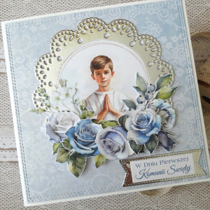 Kartka na Pierwszą Komunię dla chłopca, z kieszonką