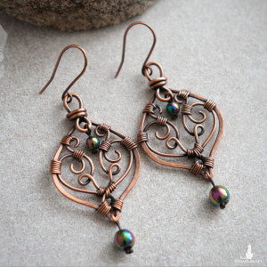 Kolczyki miedziane unikatowe wire wrapping z hematytem