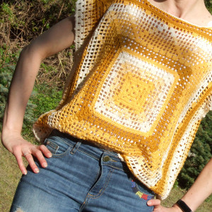 Bawełniana bluzka - szydełkowa, żółto-kremowa