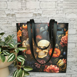 Torebka damska shopper bag torebka na ramię zamykana - czaszka w kwiatach