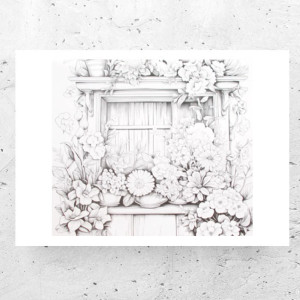 rustykalny plakat A4, czarno biały plakat 21x30, okna plakat, fajne plakaty do domu, kwiaty plakat, ogród plakat, plakat do przedpokoju, mały plakat do sypialni, biało szary plakat kwiatki