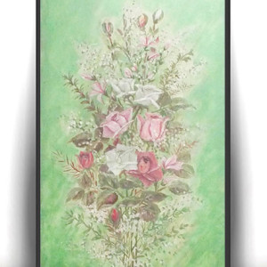 vintage obraz z kwiatami, pastelowy obraz malowany ręcznie, róże obraz ręcznie namalowany, retro obraz do domu, kwiaty obraz, obraz z bukietem, obraz z różami