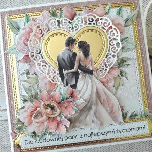 Kartka ślubna w różu i złocie, z kieszonką