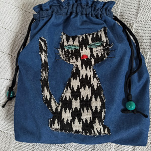 Jeansowy worek na ciapy z kotkiem