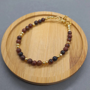 Bransoletka z kamieni naturalnych Obsydian Machoniowy,  Hematyt, stal 033/24