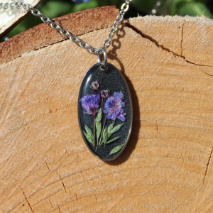 Gwiaździsta Noc srebrna zawieszka srebrny wisiorek naszyjnik żywica z żywicy kwiaty z kwiatami jajowata retro naturalna dziewczęca kobieca czarna