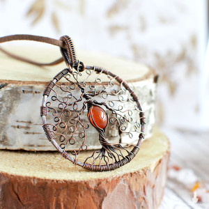 Wisior drzewo karneol ognisty żywioł ognia drzewo życia drzewo kosmiczne Yggdrasil miedź antyczna zjawiskowy