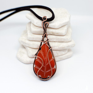 Wisior onyks pomarańczowy ognisty żywioł ognia listek/ognik miedź antyczna cudo