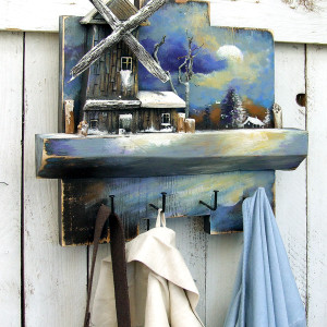 Drewniany wieszak, ręcznie malowany - Zimowy poranek