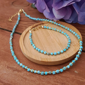 Komplet biżuterii z kamieni naturalnych - bransoletka i naszyjnik - Turkus , Hematyt, stal 066/24