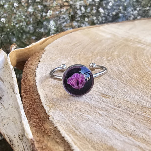 Srebrny pierścionek regulowany kwiaty z kwiatami kwiatem suszone kwiaty żywica gipsówka różowa