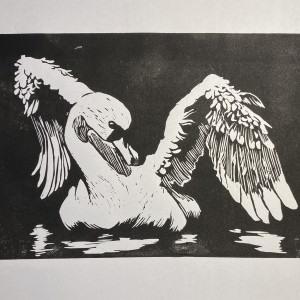 grafika warsztatowa, druk wypukły, linoryt, łabędź
